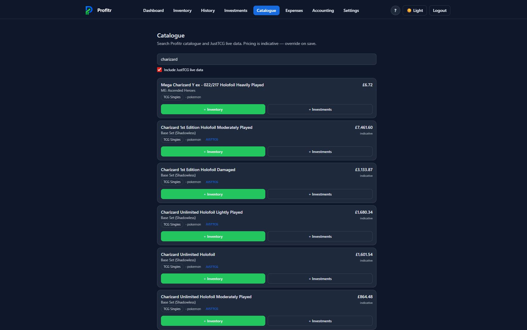 Profitr TCG catalogue with live trading-card pricing