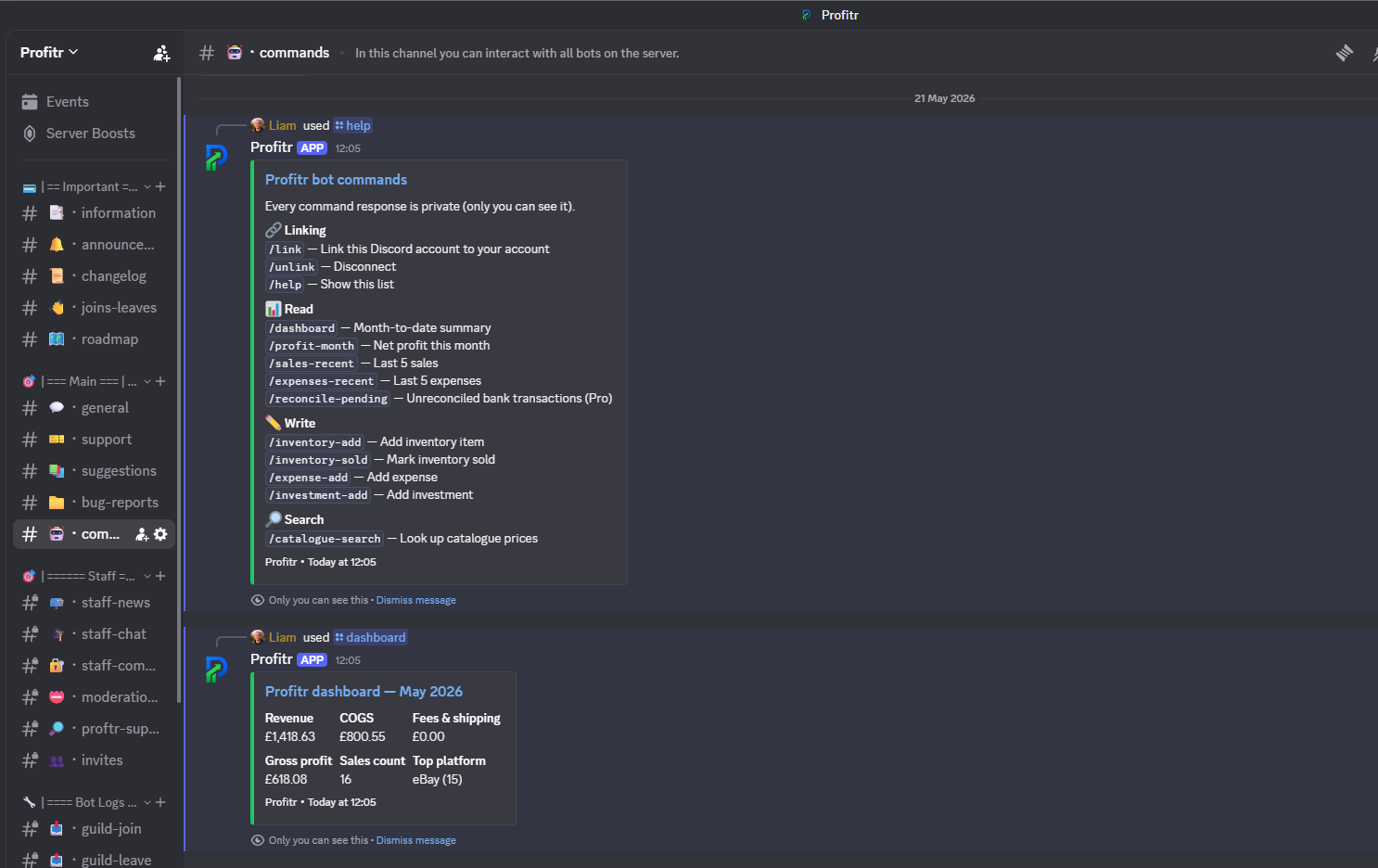 Profitr Discord bot responding to slash commands