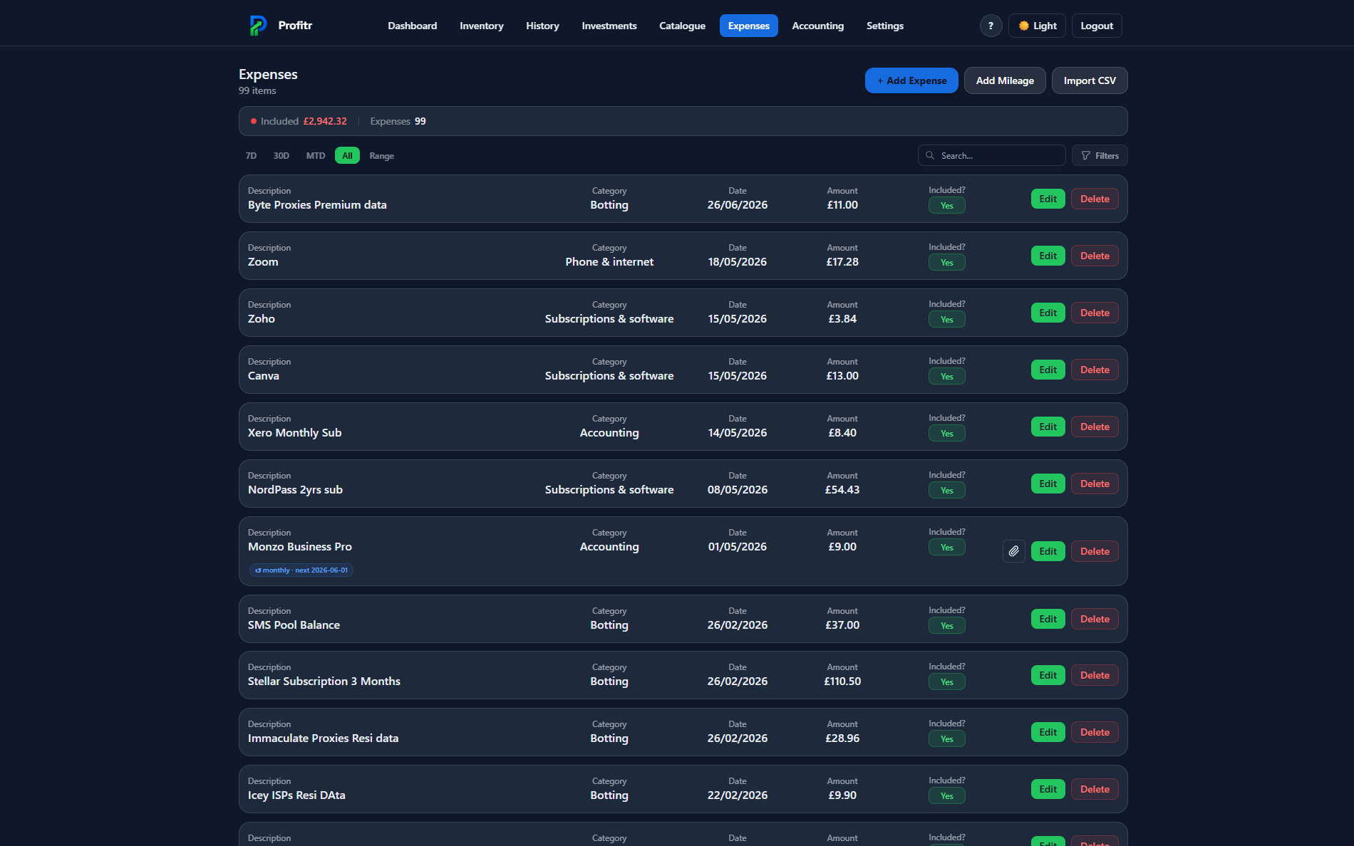 Profitr expense tracking with tax-code categories