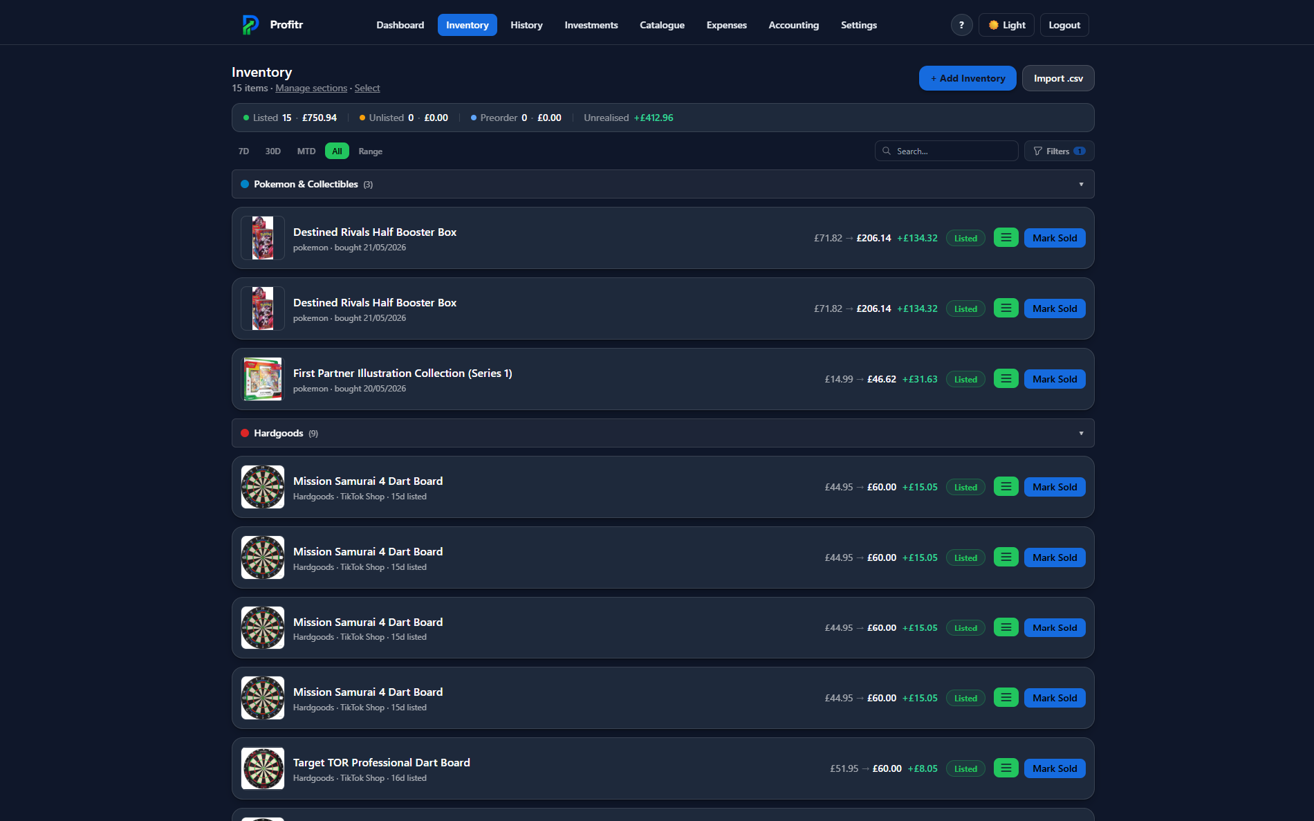 Profitr inventory list with item statuses and photos