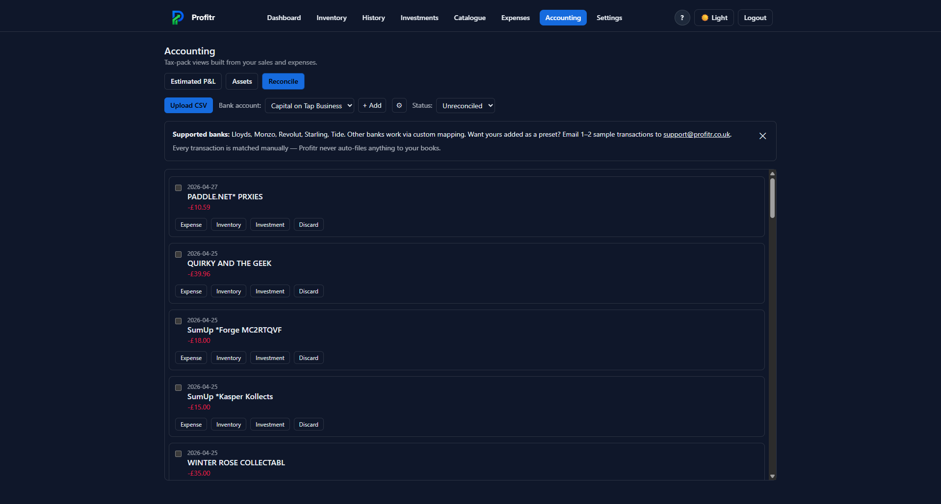 Profitr reconciliation hub processing imported bank transactions