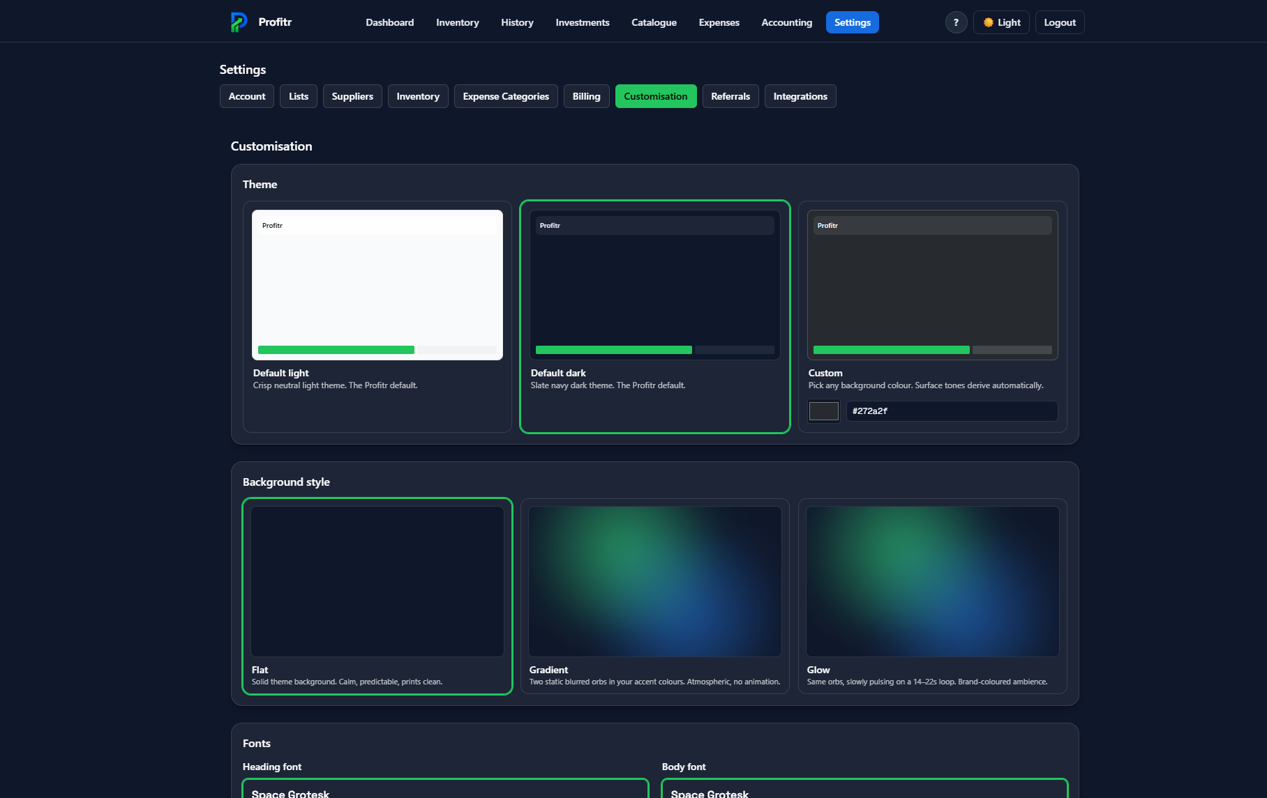 Profitr settings with theme and customisation options